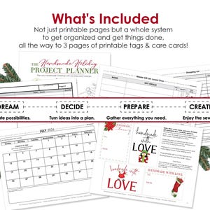 What's included in The Handmade Holiday Project Planner: project worksheets, gift planning pages, shopping lists, monthly calendars, printable gift tags, and care cards for handmade gifts.