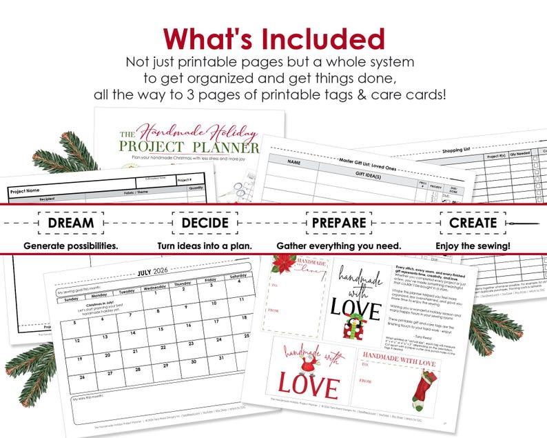 What's included in The Handmade Holiday Project Planner: project worksheets, gift planning pages, shopping lists, monthly calendars, printable gift tags, and care cards for handmade gifts.