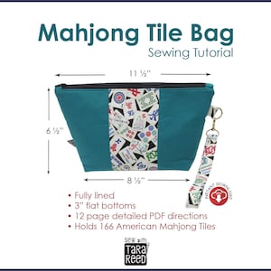 Mahjong tile bag sewing tutorial showing finished zippered fabric bag with measurements labeled, fully lined design, flat bottom, and wristlet strap, digital PDF pattern
