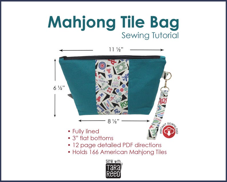 Mahjong tile bag sewing tutorial showing finished zippered fabric bag with measurements labeled, fully lined design, flat bottom, and wristlet strap, digital PDF pattern