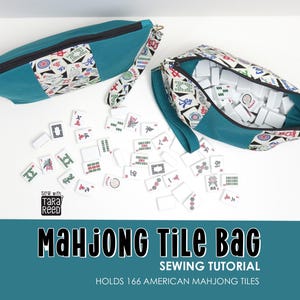 Handmade fabric Mahjong tile bag filled with American Mahjong tiles, zippered bag design that holds a full 166 tile set