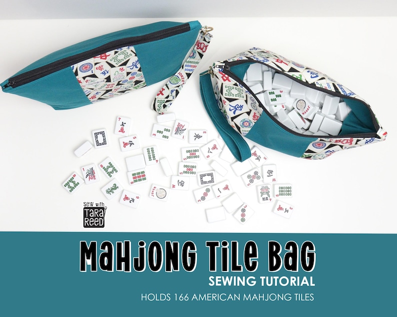 Handmade fabric Mahjong tile bag filled with American Mahjong tiles, zippered bag design that holds a full 166 tile set