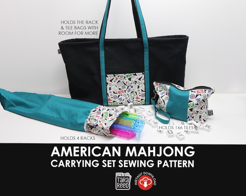 American Mahjong carrying case set featuring handmade tote bag with pocket, zip tile bag holding 166 tiles, and rack storage bag for 4 pushers.
