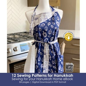 Hanukkah apron sewing project shown on a dress form in a kitchen setting, part of the Sewing for Your Hanukkah Home eBook digital download