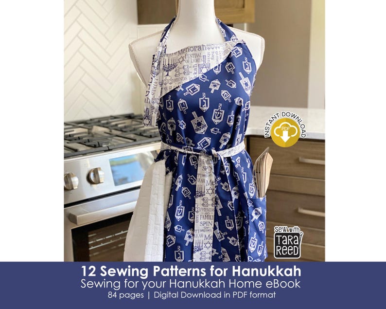 Hanukkah apron sewing project shown on a dress form in a kitchen setting, part of the Sewing for Your Hanukkah Home eBook digital download
