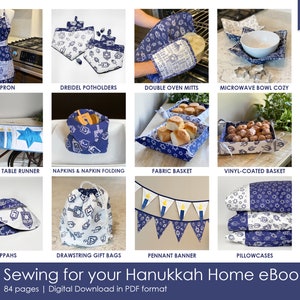 Overview of 12 Hanukkah sewing projects including apron, potholders, oven mitts, table runner, baskets, napkins, and pillowcases