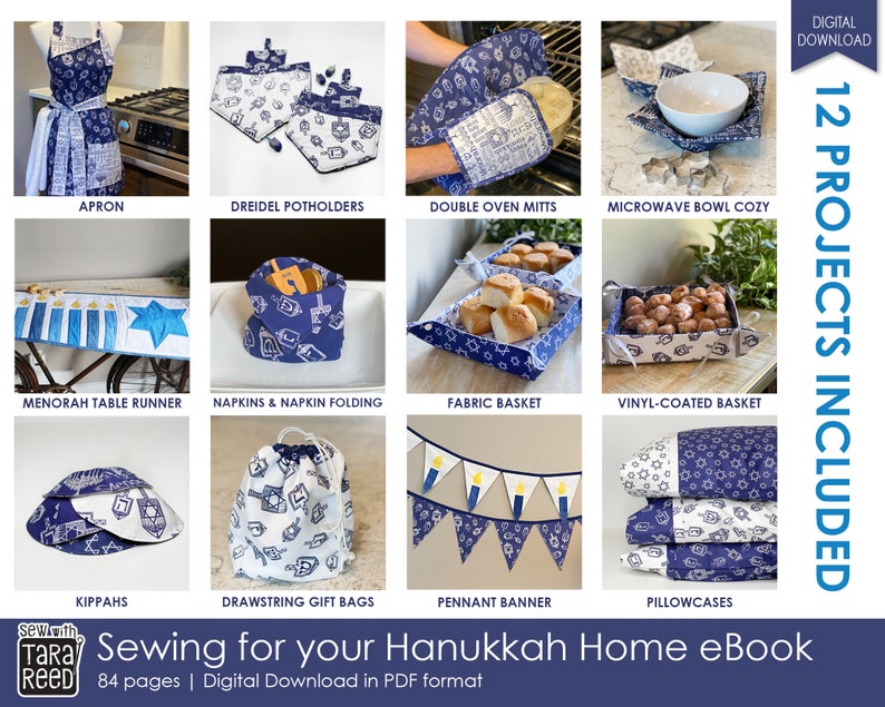 Overview of 12 Hanukkah sewing projects including apron, potholders, oven mitts, table runner, baskets, napkins, and pillowcases