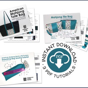 Promotional graphic featuring three downloadable American Mahjong sewing tutorials: a tote bag with front pocket, a zippered mahjong tile bag, and a drawstring rack bag. Tutorial cover pages and sample instruction sheets surround a large instant-download PDF icon labeled “3 PDF Tutorials.”