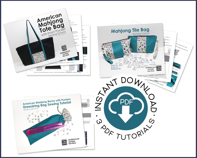 Promotional graphic featuring three downloadable American Mahjong sewing tutorials: a tote bag with front pocket, a zippered mahjong tile bag, and a drawstring rack bag. Tutorial cover pages and sample instruction sheets surround a large instant-download PDF icon labeled “3 PDF Tutorials.”