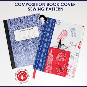 May include: A composition book cover sewing pattern featuring a blue and white speckled composition book next to a fabric cover with a London theme, including red and blue illustrations of Big Ben, a telephone booth, and a car, with a red ribbon.