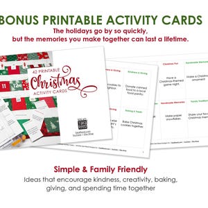 Bonus printable Christmas Activity Cards included with The Handmade Holiday Project Planner featuring family-friendly holiday activities focused on kindness, baking, handmade memories, and Christmas traditions.