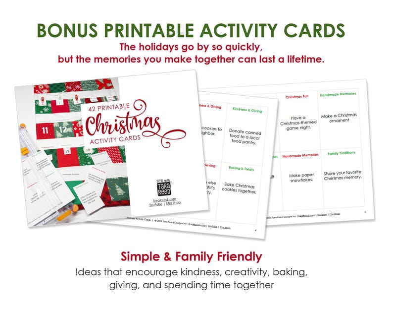 Bonus printable Christmas Activity Cards included with The Handmade Holiday Project Planner featuring family-friendly holiday activities focused on kindness, baking, handmade memories, and Christmas traditions.