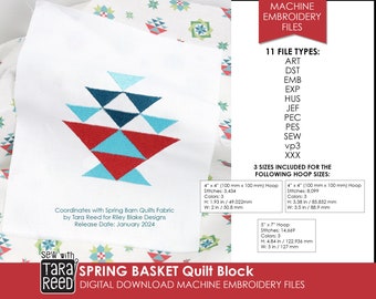 Spring Flower Basket Quilt Block Machine Embroidery Design in 3 sizes