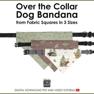 May include: Three over-the-collar dog bandanas in different sizes. The bandanas feature various patterns, including a light green with small dots, a brown with forest elements, and a white with forest animals. Each has a black or gray adjustable collar.