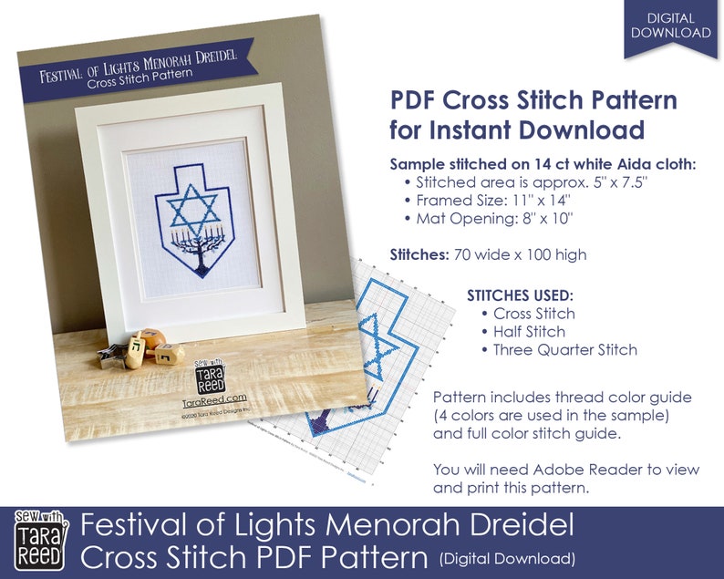 Festival of Lights Menorah Dreidel Cross Stitch Pattern image 2