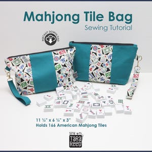 May include: Two teal and patterned Mahjong tile bags with matching wrist straps. The bags are 11.5" x 6.5" x 3" and hold 166 American Mahjong tiles. The bags have a central teal panel and a zipper closure. The image includes Mahjong tiles.