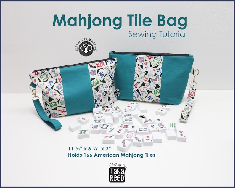 Mahjong tile bag sewing tutorial cover showing two finished zippered fabric bags holding American Mahjong tiles, digital PDF pattern