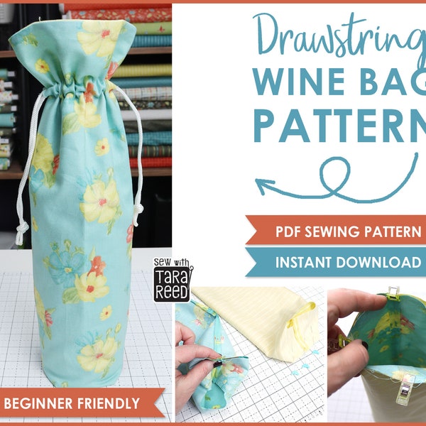 Wine Bag with Drawstring Pattern PDF for Beginners - Instant Download - Wine Bag Sewing Pattern