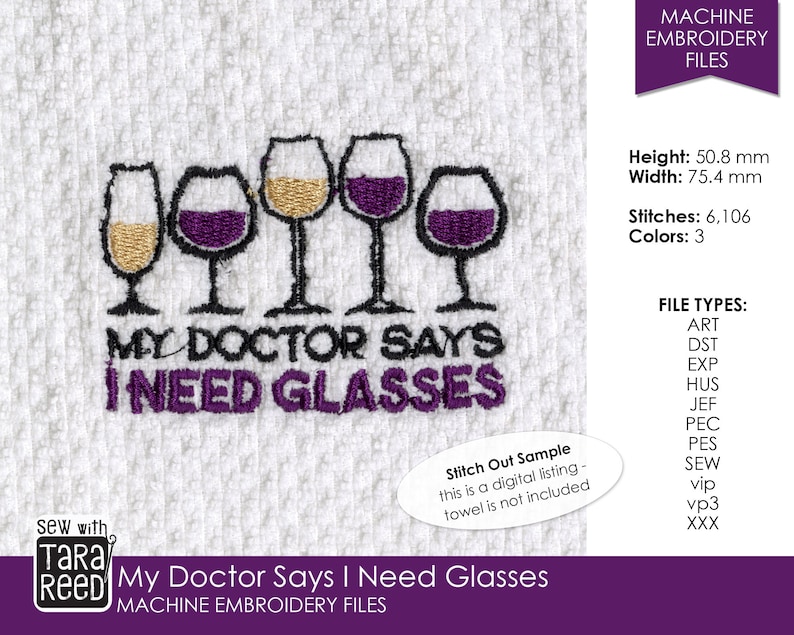 My Doctor Says I Need Glasses Wine Machine Embroidery Design image 1