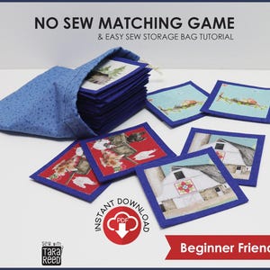 May include: A blue fabric bag holds a stack of matching game cards with farm-themed illustrations. The cards are square with blue borders. Text on the image reads "NO SEW MATCHING GAME" and "Beginner Friendly".