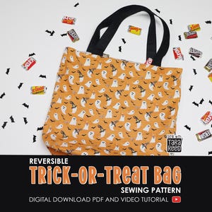 Reversible trick or treat bag sewing pattern cover image showing Halloween fabric tote bag with ghosts and bats, PDF sewing pattern digital download.