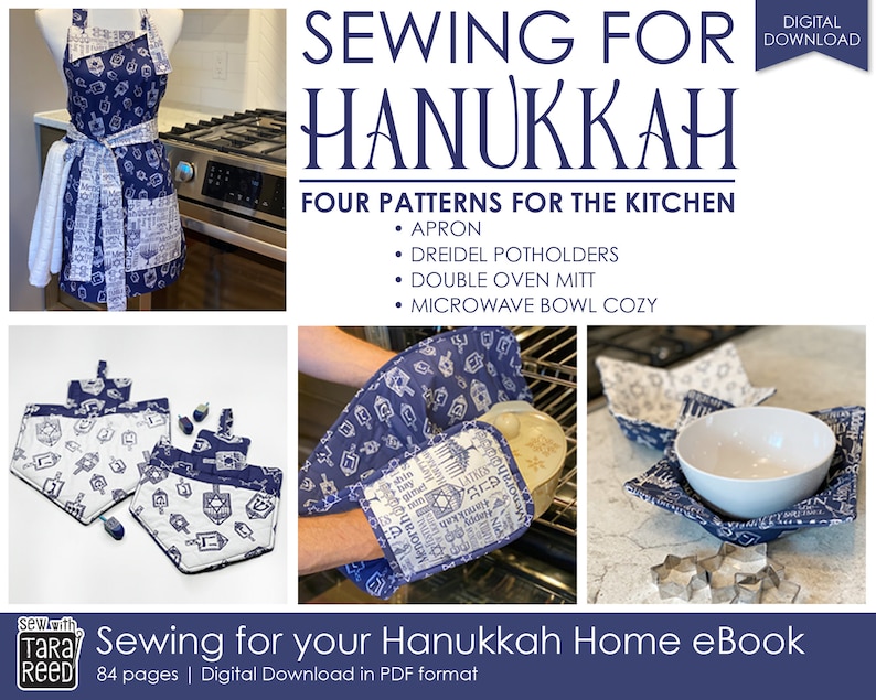 Sewing for Hanukkah kitchen projects featuring apron, dreidel potholders, double oven mitts, and microwave bowl cozy