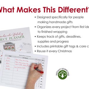 image highlighting The Handmade Holiday Project Planner printable PDF, designed specifically for organizing handmade Christmas gifts with project tracking, deadlines, shopping lists, printable gift tags, care cards, and reusable holiday planning pages.