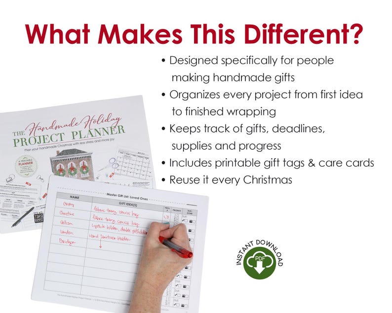 image highlighting The Handmade Holiday Project Planner printable PDF, designed specifically for organizing handmade Christmas gifts with project tracking, deadlines, shopping lists, printable gift tags, care cards, and reusable holiday planning pages.