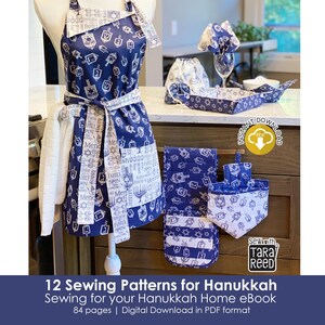 Hanukkah themed apron sewing pattern included in the Sewing for Your Hanukkah Home eBook, shown with matching kitchen accessories