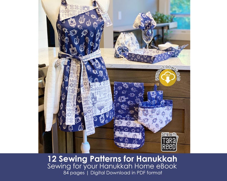 Hanukkah themed apron sewing pattern included in the Sewing for Your Hanukkah Home eBook, shown with matching kitchen accessories