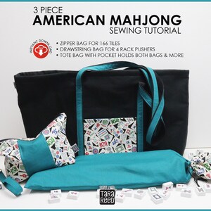 American Mahjong bag sewing pattern PDF bundle including large tote bag, zipper tile pouch for 166 tiles, and drawstring rack bag sewing tutorial.