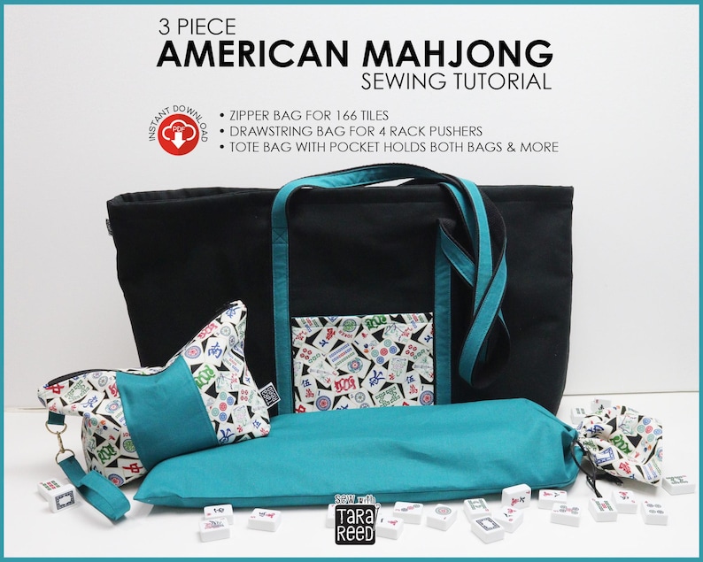 American Mahjong bag sewing pattern PDF bundle including large tote bag, zipper tile pouch for 166 tiles, and drawstring rack bag sewing tutorial.
