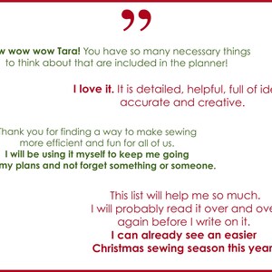 Customer testimonial praising The Handmade Holiday Project Planner for making Christmas sewing more organized, creative, efficient, and enjoyable.
