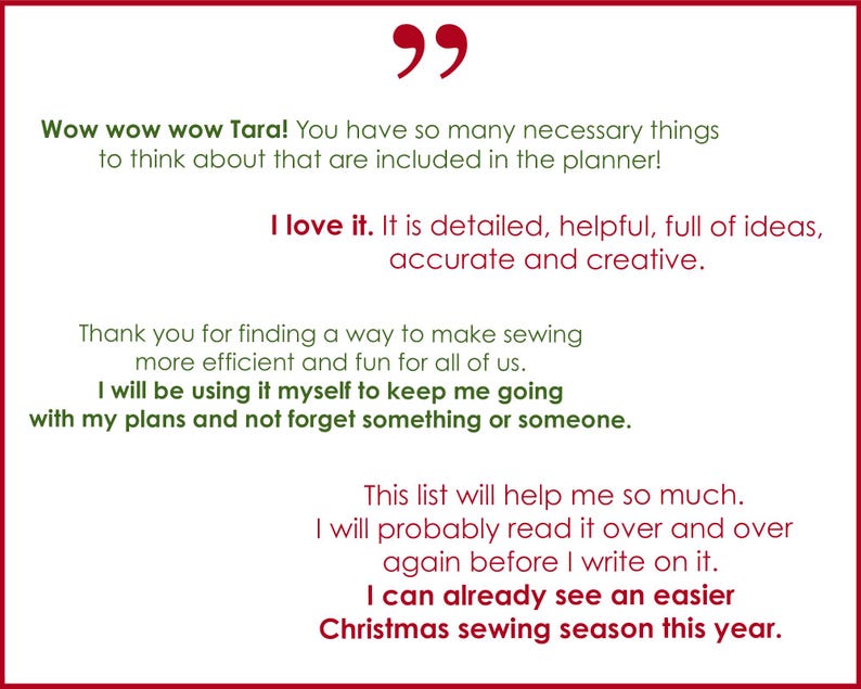 Customer testimonial praising The Handmade Holiday Project Planner for making Christmas sewing more organized, creative, efficient, and enjoyable.