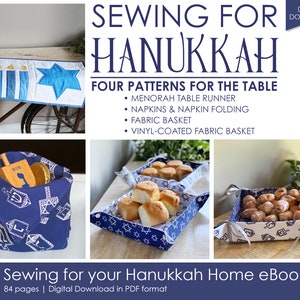 Sewing for Hanukkah table decor featuring a menorah table runner, fabric baskets, and napkins made from blue and white Hanukkah fabric