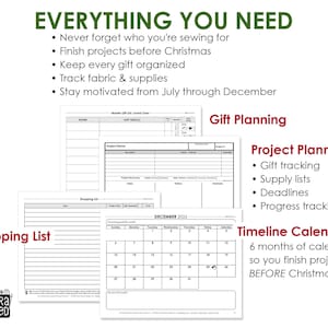 Printable Christmas sewing planner featuring gift planning worksheets, project trackers, shopping lists, monthly calendars, and reusable holiday organization pages.