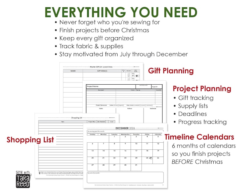 Printable Christmas sewing planner featuring gift planning worksheets, project trackers, shopping lists, monthly calendars, and reusable holiday organization pages.