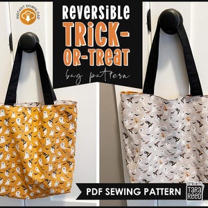 Reversible trick or treat bag shown hanging on door with two Halloween fabric sides