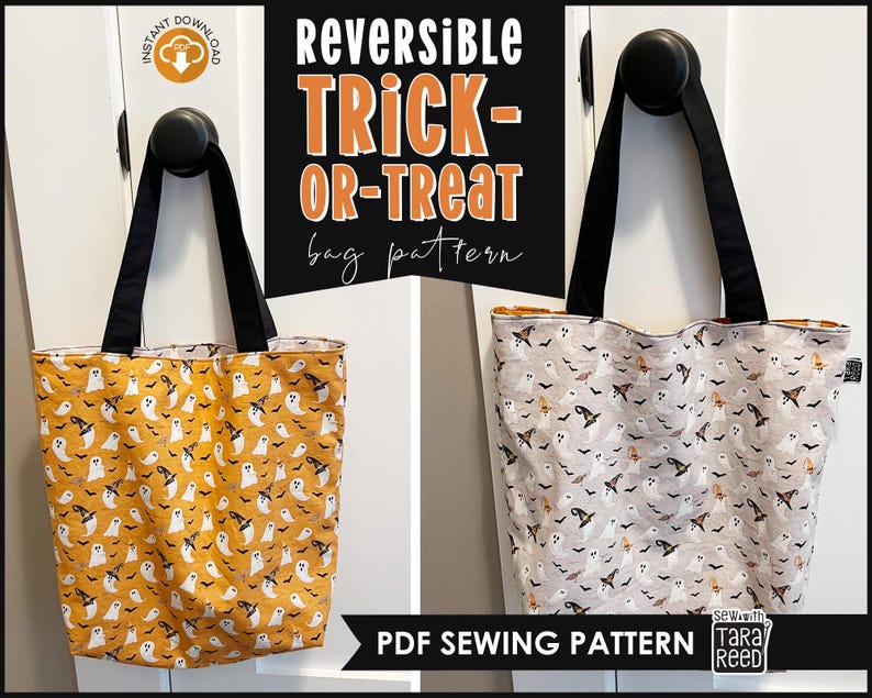 Reversible trick or treat bag shown hanging on door with two Halloween fabric sides