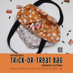 Reversible trick or treat bag opened to show interior lining filled with Halloween candy, handmade fabric tote sewing pattern.