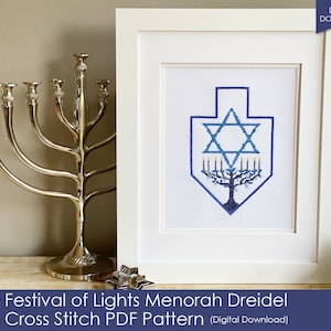 Festival of Lights Menorah Dreidel Cross Stitch Pattern image 1