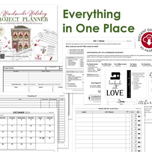 Preview of The Handmade Holiday Project Planner printable showing project planning pages, gift lists, shopping lists, calendars, printable gift tags, care cards, and sewing organization worksheets.