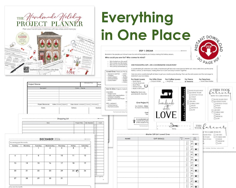 Preview of The Handmade Holiday Project Planner printable showing project planning pages, gift lists, shopping lists, calendars, printable gift tags, care cards, and sewing organization worksheets.