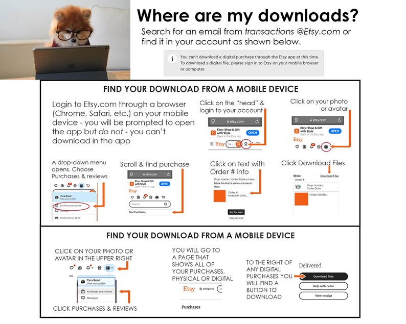 where to find digital downloads in Etsy from a computer or mobile device