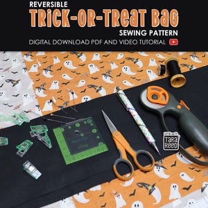 Materials needed for reversible trick or treat bag sewing pattern including Halloween fabric, rotary cutter, scissors, ruler, clips, and thread.