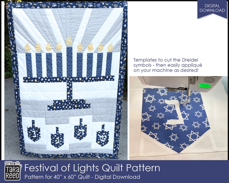 Hanukkah Quilt Pattern - menorah and dreidel quilt pattern