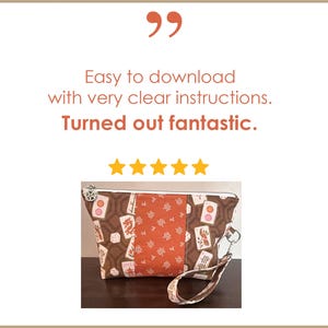 Customer review graphic showing a handmade mahjong-themed zippered bag with wrist strap beneath a five-star rating and testimonial praising the clear instructions and finished result of the sewing pattern.