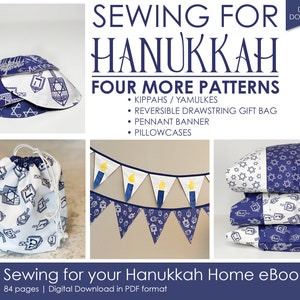 Sewing for Hanukkah Home eBook showing kippahs, reversible drawstring gift bags, pennant banner, and pillowcases in blue and white fabrics