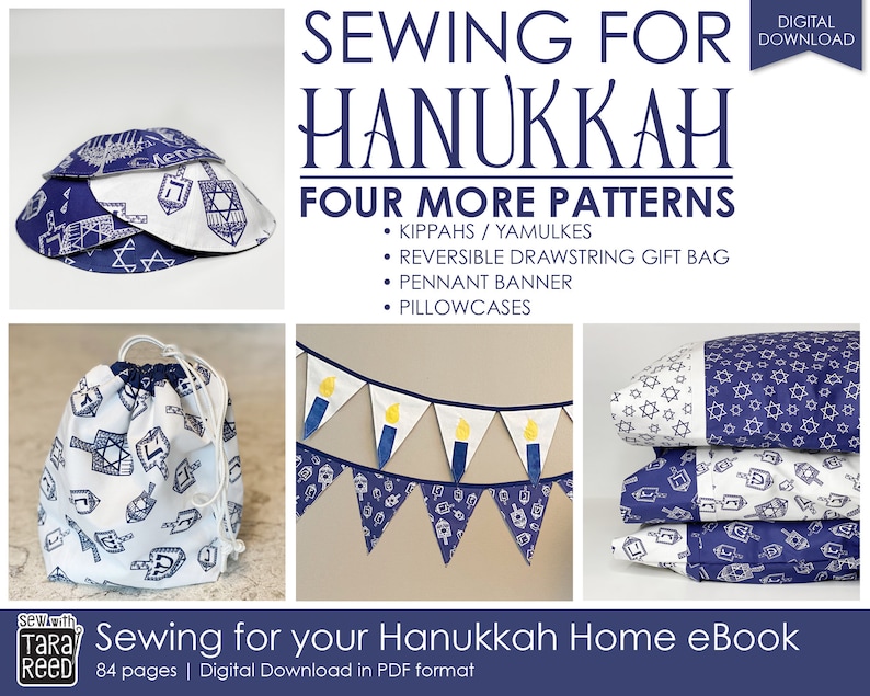 Sewing for Hanukkah Home eBook showing kippahs, reversible drawstring gift bags, pennant banner, and pillowcases in blue and white fabrics