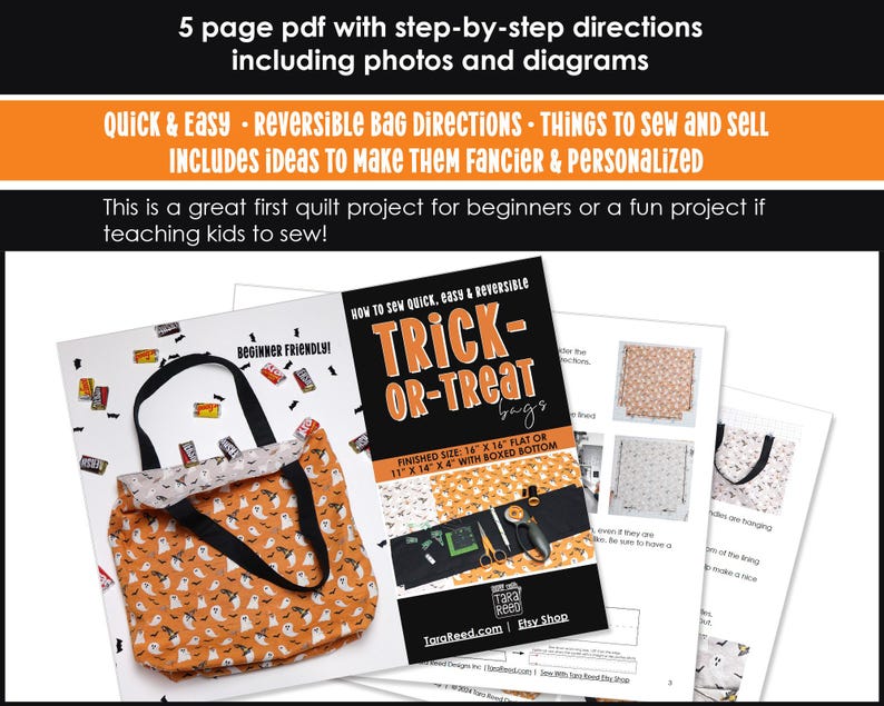 Halloween trick-or-treat bag sewing pattern (5 page pdf digital download)